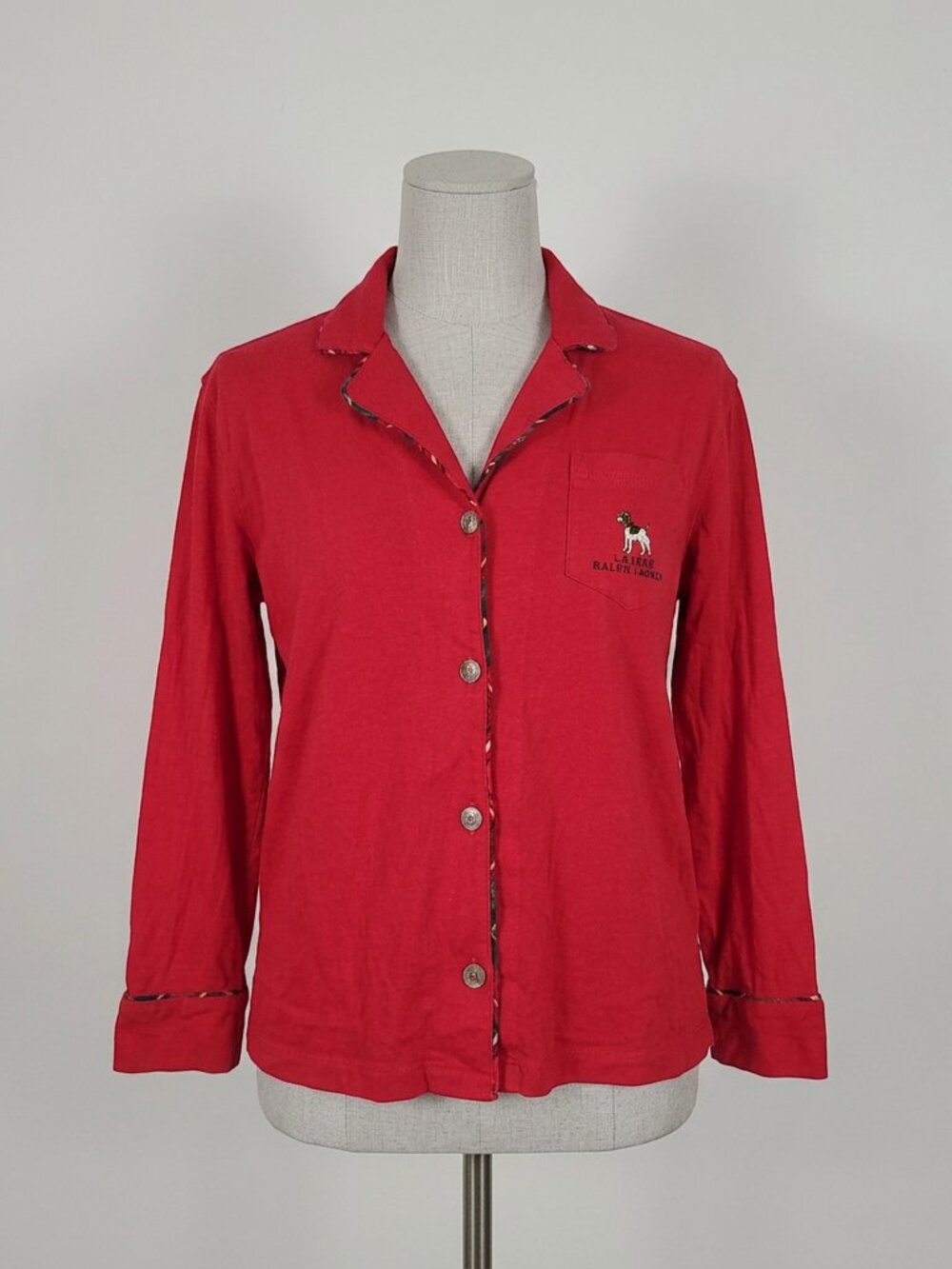 Lauren Ralph Lauren Red Pajama Top Terrier Dog Preppy Christmas Tartan Plaid PM